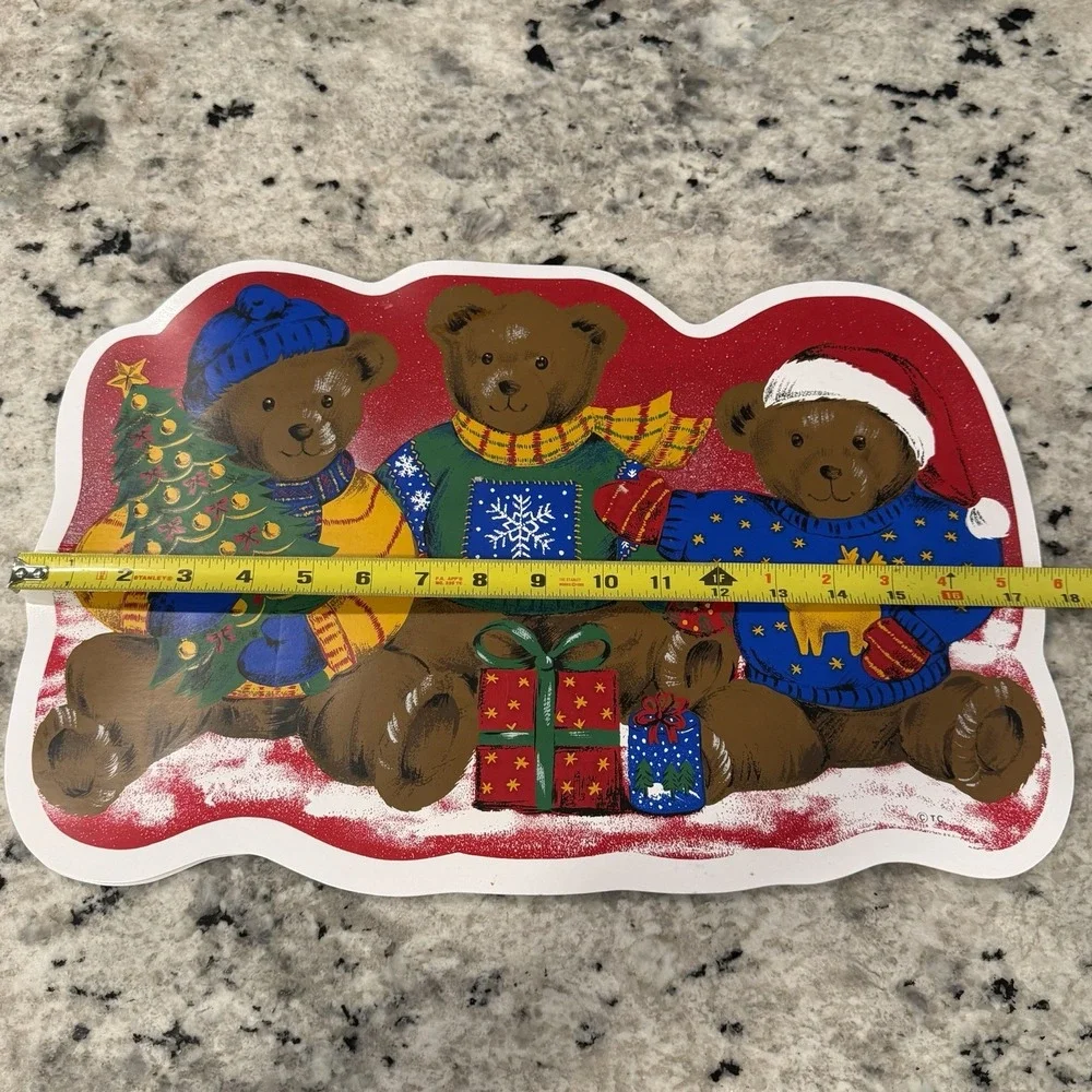 Vintage Christmas Bears Vinyl Foam Placemats Retro 80s 90s Set Of 4 Holiday